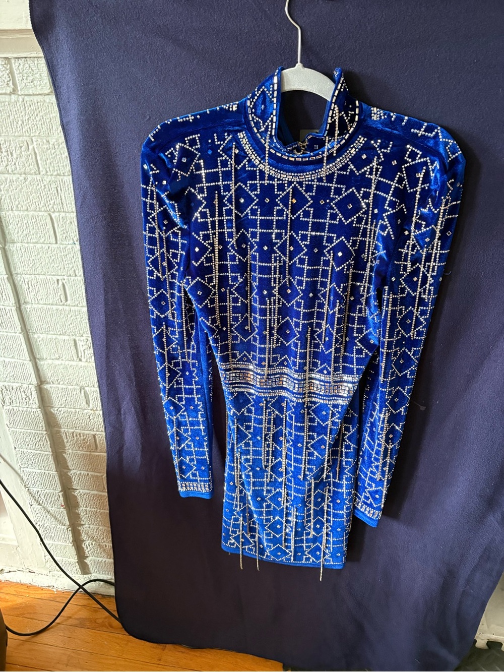AKIRA Royal Blue Velvet Long-Sleeve Embellished Mini Dress